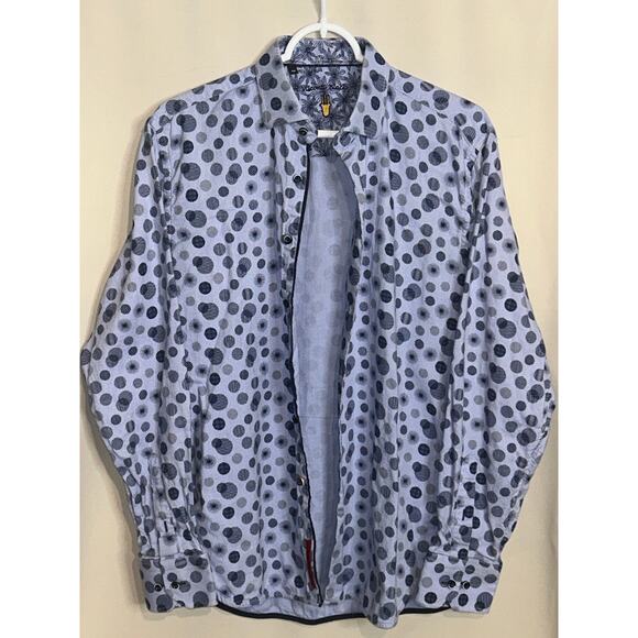 Visconti Black Men Button-Up Shirt Medium Blue Polka Dot 100% Cotton Long Sleeve - Picture 2 of 7